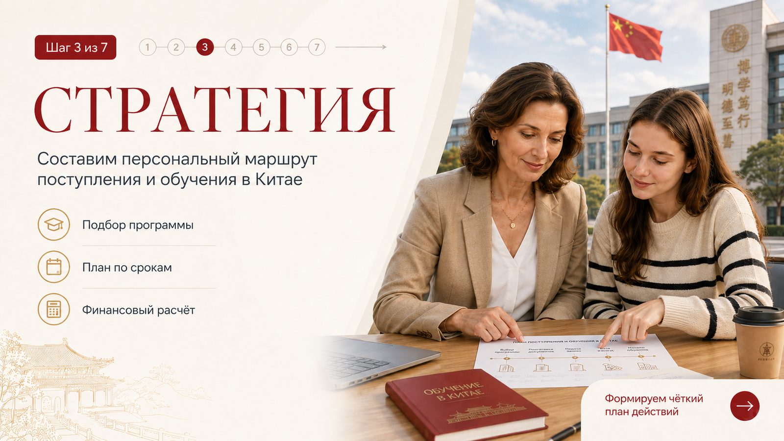 Шаг 3 из 7: Стратегия. Составим персональный маршрут поступления и обучения в Китае.